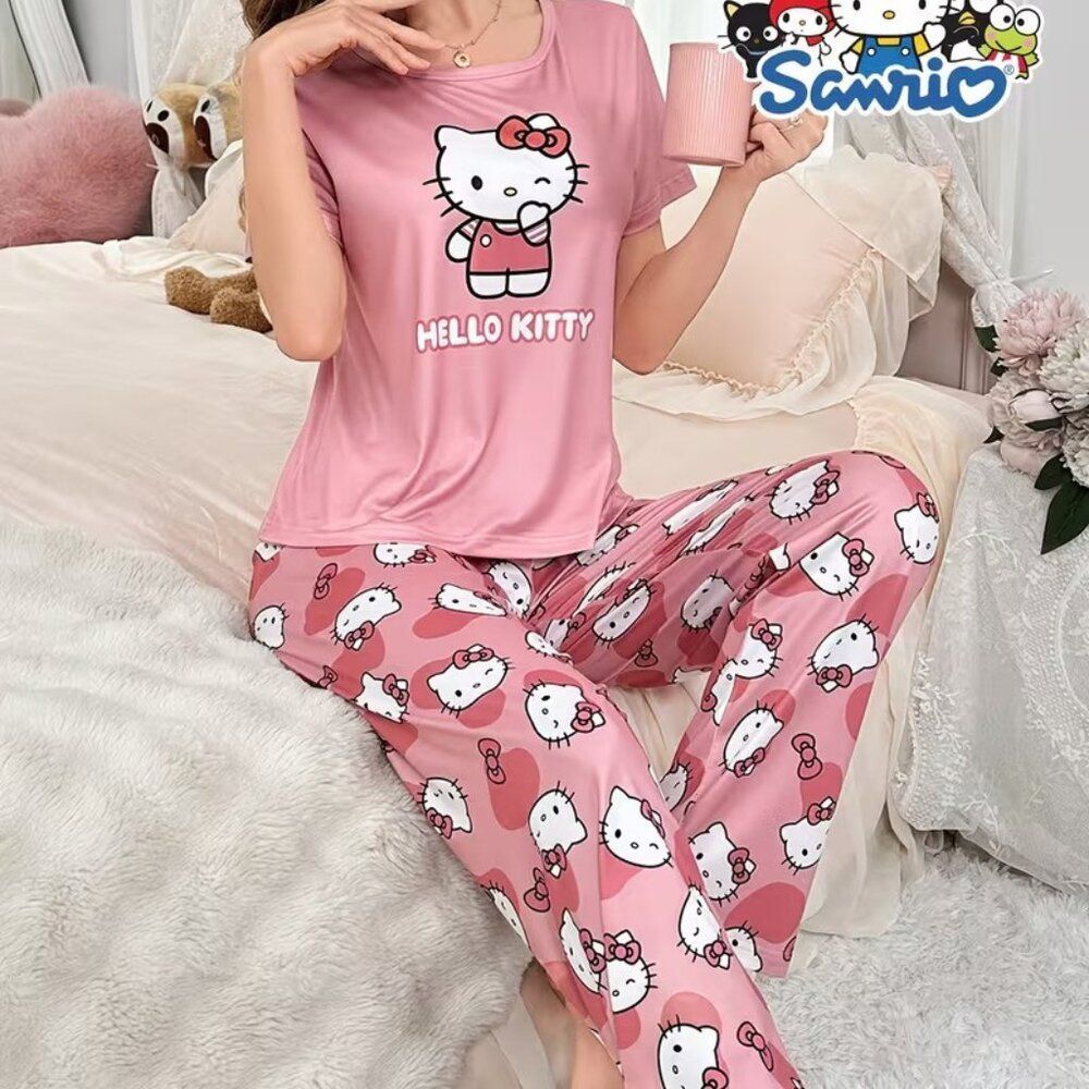 Hello Kitty Women's Set Cartoon Print Round Neck Short Sleeve Top & Long Pants